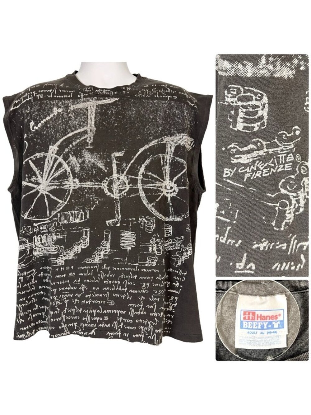 Leonardo da Vinci Bicycle Sketch Mens Vtg Muscle Shirt size XL Cinecitta Firenze